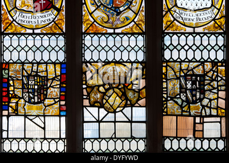 Heraldic stained glass, St. Martin`s Church, Fenny Stratford, Buckinghamshire, England, UK Stock Photo